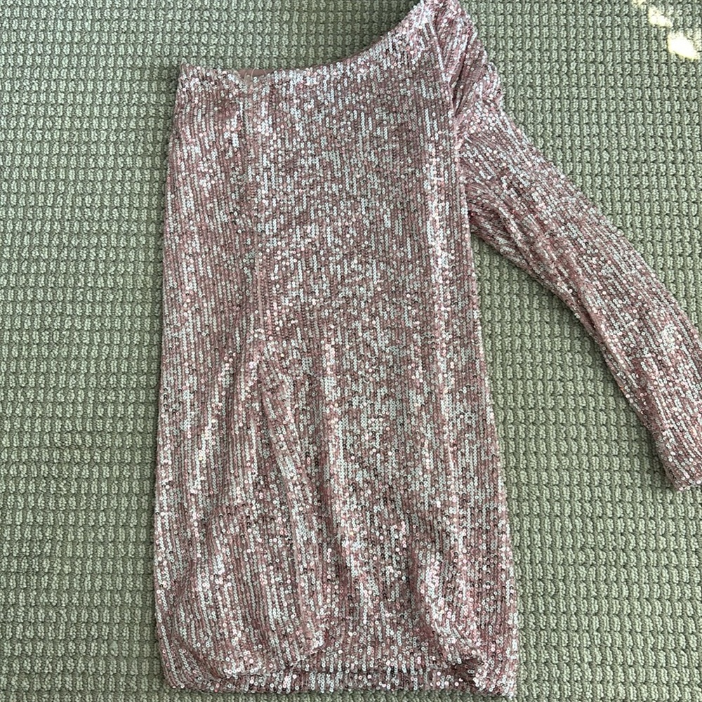 pink sequin one shoulder mini dress cute for dances!